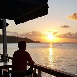 Caribbean Holidays, Antigua Solo Holidays, December sunset over English Harbour in Antigua, solo traveller enjoying the view from a waterfront restaurant