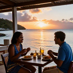 Caribbean Holidays, Antigua Solo Holidays, Friendly solo diner enjoying local Caribbean food at a relaxed waterfront restaurant in Antigua at sunset