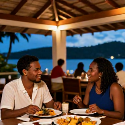 Caribbean Holidays, Antigua Solo Holidays, Friendly solo traveller dining at an open-air restaurant in Antigua, Caribbean dishes, warm evening lighting and relaxed atmosphere