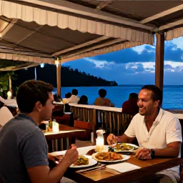 Caribbean Holidays, Antigua Solo Holidays, Friendly solo traveller dining at an outdoor Caribbean restaurant in Antigua, evening lights and local food