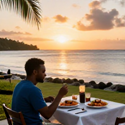 Caribbean Holidays, Antigua Solo Holidays, Outdoor Caribbean restaurant in Antigua at sunset, solo diner enjoying local seafood and a relaxed island atmosphere