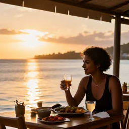 Caribbean Holidays, Antigua Solo Holidays, Solo traveller dining at a relaxed waterfront restaurant in Antigua at sunset, local Caribbean food and warm evening light