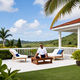 Caribbean Holidays, Antigua Solo Holidays, Solo traveller enjoying a comfortable Antigua hotel terrace with tropical garden, blue sky and relaxed Caribbean setting