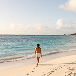 Caribbean Holidays, Antigua Solo Holidays, Solo traveller relaxing on a quiet Antigua beach in July, turquoise sea, soft white sand and gentle morning light