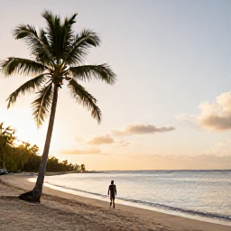 Caribbean Holidays, Antigua Solo Holidays, Solo traveller walking along a peaceful Antigua beach at sunrise, palm trees and calm Caribbean water