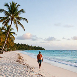 Caribbean Holidays, Antigua Solo Holidays, Solo traveller walking along a quiet white-sand beach in Antigua at sunrise, turquoise Caribbean water and palm trees