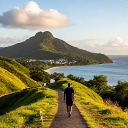 Caribbean Holidays, Antigua Solo Holidays, Solo visitor enjoying a scenic coastal walk near Shirley Heights Antigua with green hills, harbour views and late afternoon light