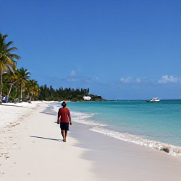 Caribbean Holidays, Antigua Solo Holidays, Solo visitor enjoying an empty Antigua beach, palm trees, clear shallow water and a small boat offshore