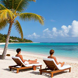 Caribbean Holidays, Antigua Spa Breaks, A couple relaxing on a secluded Antigua beach after a spa treatment, with loungers, palm trees and turquoise water