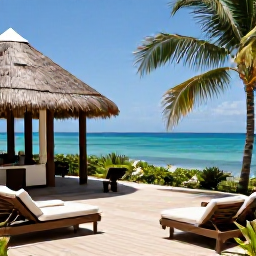 Caribbean Holidays, Antigua Spa Breaks, A peaceful luxury spa overlooking a bright turquoise Caribbean sea in Antigua, with treatment rooms, palm trees and comfortable loungers