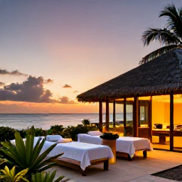 Caribbean Holidays, Antigua Spa Breaks, A stylish beachfront spa resort in Antigua at sunset, with glowing treatment rooms, tropical plants and the calm Caribbean Sea