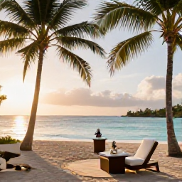 Caribbean Holidays, Antigua Spa Breaks, A tranquil Antigua beach at sunrise with palm trees, calm turquoise water and a stylish beachfront spa setting