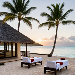 Caribbean Holidays, Antigua Spa Breaks, A tranquil beachfront spa in Antigua at sunrise, with treatment rooms, palm trees and calm turquoise sea