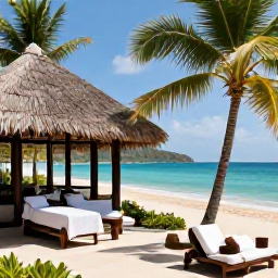 Caribbean Holidays, Antigua Spa Breaks, A tranquil luxury spa overlooking a bright Caribbean beach in Antigua, with treatment rooms, palm trees and a calm turquoise sea