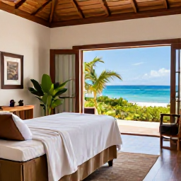 Caribbean Holidays, Antigua Spa Breaks, An elegant Caribbean spa treatment room with natural wood, white linens, tropical plants and an open view towards the sea