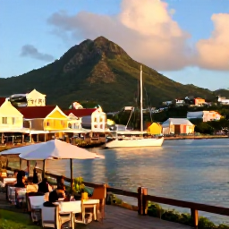 Caribbean Holidays, Antigua Spa Breaks, Colourful historic English Harbour in Antigua with yachts, green hills and a relaxed waterfront restaurant at golden hour
