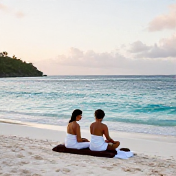 Caribbean Holidays, Antigua Spa Breaks, Couple enjoying a peaceful Antigua beach after a spa treatment, with white sand, turquoise water and gentle evening light