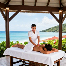 Caribbean Holidays, Antigua Spa Breaks, Couple receiving a relaxing massage in an elegant open-air spa pavilion beside the sea in Antigua