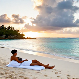 Caribbean Holidays, Antigua Spa Breaks, Couple relaxing beside a quiet Antigua beach after a spa treatment, with white sand, clear water and a sunset sky