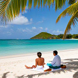 Caribbean Holidays, Antigua Spa Breaks, Couple relaxing on a quiet white-sand beach in Antigua after a spa treatment, with turquoise water and palm trees