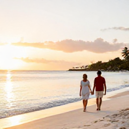 Caribbean Holidays, Antigua Spa Breaks, Couple walking barefoot along a quiet white-sand beach in Antigua at sunset, with calm water and warm golden light