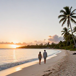 Caribbean Holidays, Antigua Spa Breaks, Couple walking barefoot on a quiet white-sand beach in Antigua at sunset, with calm water and palm trees