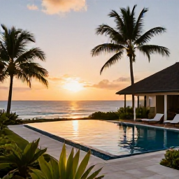 Caribbean Holidays, Antigua Spa Breaks, Elegant Antigua resort at sunset with a peaceful pool, tropical gardens and the Caribbean sea in the background