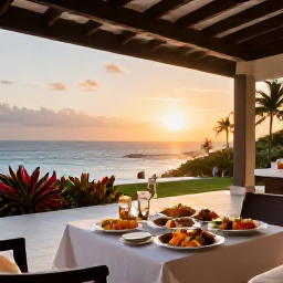 Caribbean Holidays, Antigua Spa Breaks, Elegant Antigua resort terrace at sunset with a healthy dinner, tropical plants and views across the Caribbean Sea