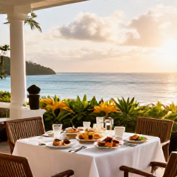 Caribbean Holidays, Antigua Spa Breaks, Elegant Antigua resort terrace prepared for a healthy breakfast, overlooking the Caribbean Sea with tropical plants and soft morning light