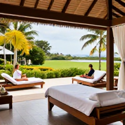 Caribbean Holidays, Antigua Spa Breaks, Elegant Antigua spa resort with open-air treatment rooms, tropical gardens, white loungers and a couple enjoying a wellness holiday