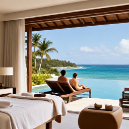 Caribbean Holidays, Antigua Spa Breaks, Elegant Antigua spa resort with treatment rooms, tropical gardens and guests relaxing beside an infinity pool overlooking the Caribbean