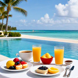 Caribbean Holidays, Antigua Spa Breaks, Healthy Caribbean breakfast beside a pool at an Antigua resort, with tropical fruit, fresh juice and ocean views