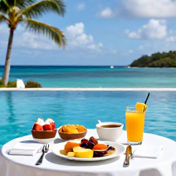 Caribbean Holidays, Antigua Spa Breaks, Healthy Caribbean breakfast beside an Antigua resort pool, with tropical fruit, fresh juice and sea views