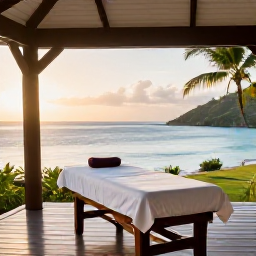 Caribbean Holidays, Antigua Spa Breaks, Open-air Caribbean spa pavilion overlooking the sea in Antigua, with a massage table, palms and soft morning light