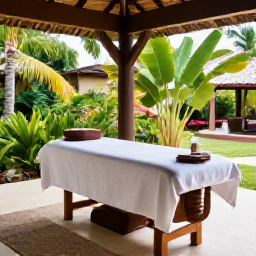 Caribbean Holidays, Antigua Spa Breaks, Open-air spa pavilion surrounded by tropical greenery in Antigua, showing a massage table, natural materials and soft daylight