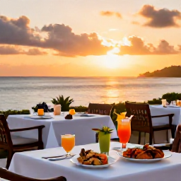 Caribbean Holidays, Antigua Spa Breaks, Outdoor Caribbean restaurant in Antigua at sunset, with fresh seafood, tropical drinks and a relaxed October evening atmosphere