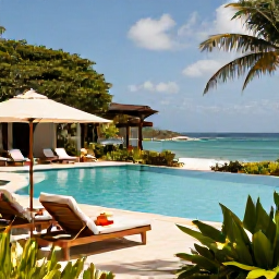 Caribbean Holidays, Antigua Spa Breaks, Peaceful Antigua resort pool surrounded by tropical gardens, comfortable loungers and distant Caribbean sea views