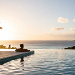 Caribbean Holidays, Antigua Spa Breaks, Person relaxing beside an infinity pool at an Antigua spa resort, looking towards the Caribbean Sea in golden evening light