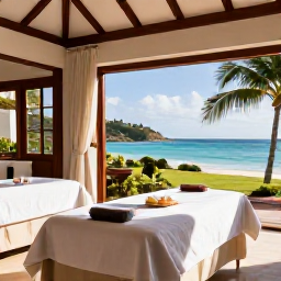 Caribbean Holidays, Antigua Spa Breaks, Quiet luxury spa overlooking a turquoise Caribbean bay in Antigua, with treatment beds, palms and warm December sunshine