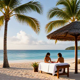 Caribbean Holidays, Antigua Spa Breaks, Relaxing beachfront spa treatment at a luxury Antigua resort in August, with palm trees, calm turquoise sea and soft sunshine