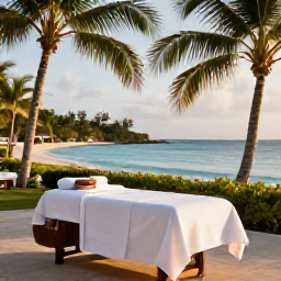 Caribbean Holidays, Antigua Spa Breaks, Relaxing beachfront spa treatment at a luxury Antigua resort in October, with palm trees, calm turquoise sea and warm morning light