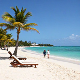 Caribbean Holidays, Antigua Spa Breaks, White sandy beach and clear turquoise water in Antigua with sun loungers, palm trees and a couple walking along the shore