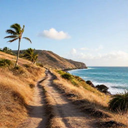 Caribbean Holidays, Antigua Walking Holidays, A bright February morning on a coastal walking trail in Antigua, with turquoise sea, dry hills and gently waving palms