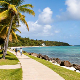 Caribbean Holidays, Antigua Walking Holidays, A coastal walking path beside a secluded Antigua beach, with walkers, calm turquoise water and palms in warm May sunshine