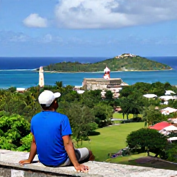 Caribbean Holidays, Antigua Walking Holidays, A hiker resting beside a viewpoint above English Harbour in Antigua, with historic fortifications, sailing boats and lush tropical scenery