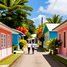 Caribbean Holidays, Antigua Walking Holidays, A peaceful Antiguan village lane with colourful houses, tropical plants and local people walking in warm June sunshine