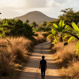 Caribbean Holidays, Antigua Walking Holidays, A quiet rural footpath through Antigua&rsquo;s dry tropical landscape, with local plants, distant hills and warm March sunshine