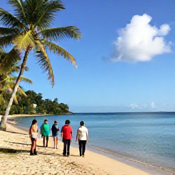 Caribbean Holidays, Antigua Walking Holidays, A relaxed January walking group beside a tropical beach on Antigua, with walking boots, palm trees and calm Caribbean water
