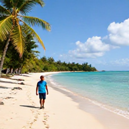 Caribbean Holidays, Antigua Walking Holidays, A walker cooling off at a quiet Antigua beach after a tropical trail, with calm turquoise water and palm trees