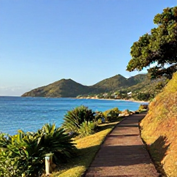 Caribbean Holidays, Antigua Walking Holidays, A warm August morning on a quiet coastal walking trail in Antigua, with turquoise sea, green hills and a clear blue sky